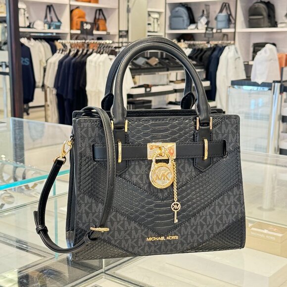 Michael Kors Hamilton Small Satchel Shoulder Bag MK Black Multi Embossed Exotic - Picture 4 of 10